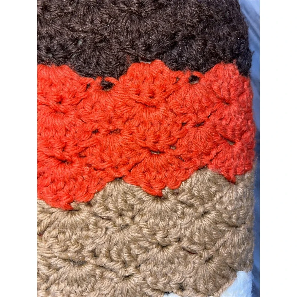 Vintage MCM Retro Fall Afghan Blanket Zig Zag Chevron Brown Orange White Throw